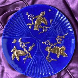 Cobalt Blue 8.5" Gold Birds Hand Painted Plate Textured Ribbed scalloped shell